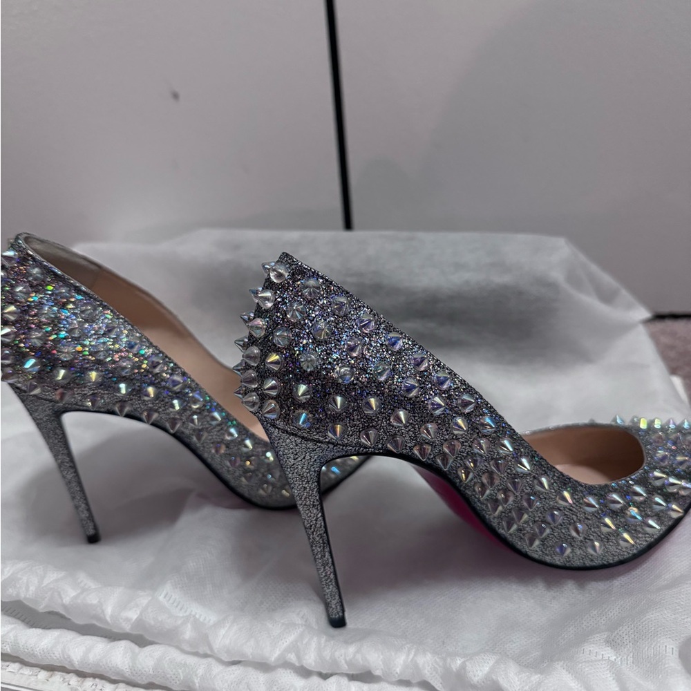 RARE Christian Louboutin Studded Silver & Suede Holographic Heels